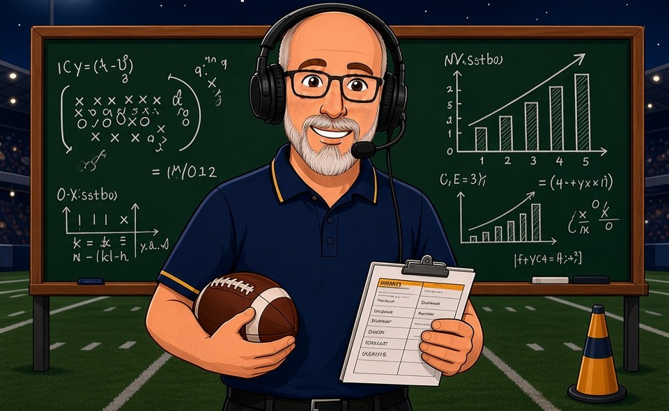 Steve on the sideline with a football and clipboard